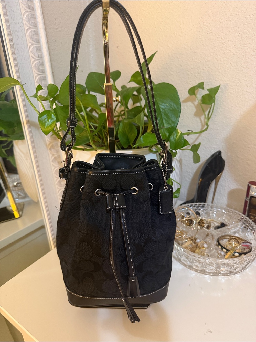 Vintage Coach Black Signature in canvas Jacquard  Bucket Bag